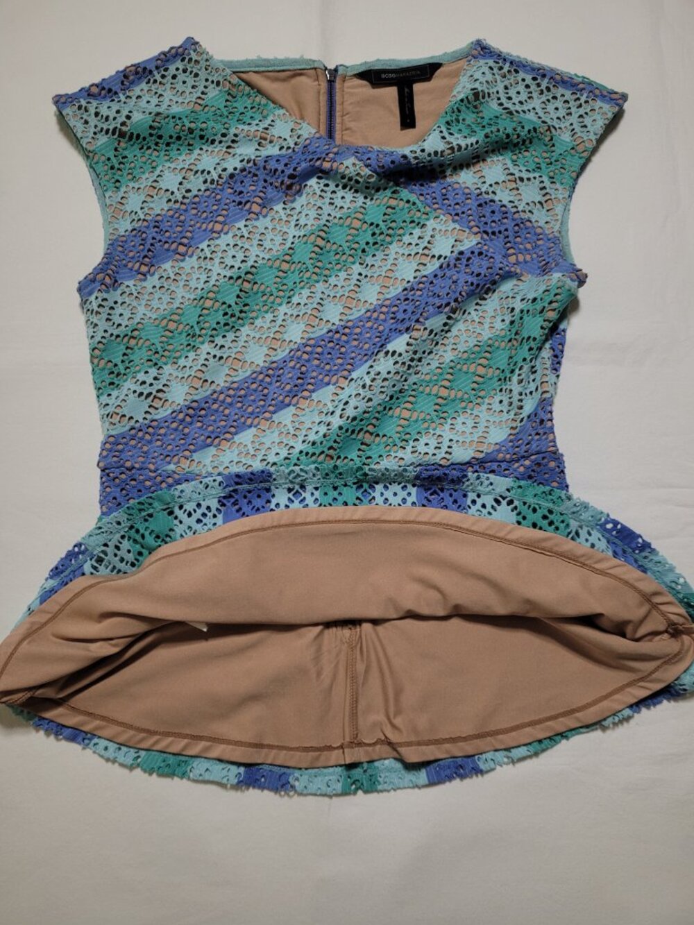 BCBGMAXAZRIA Heidy Lace Peplum Top Aqua Combo Stripe Small Quiet Luxury - Picture 9 of 10